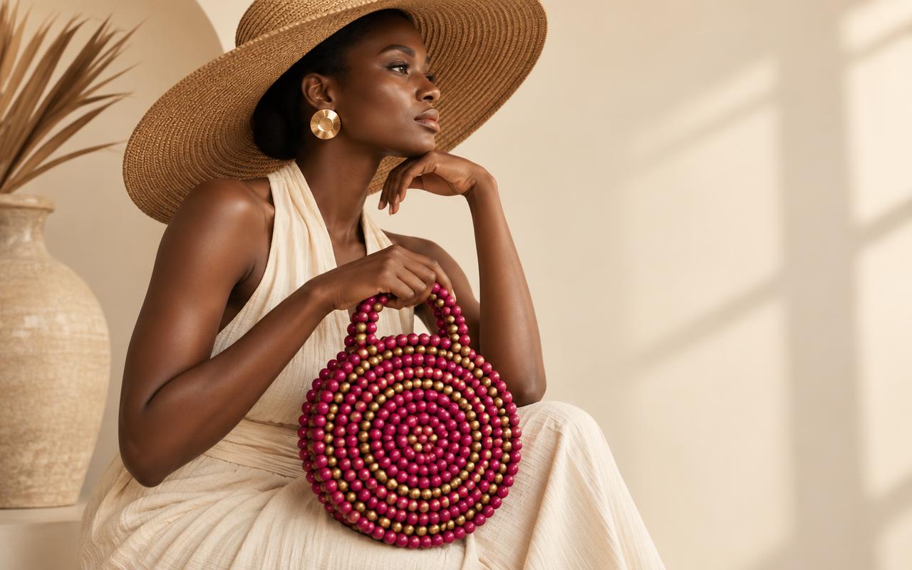 Femme portant un sac artisanal Ani Fashion en perles